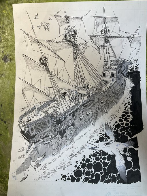 帆船。そして舵輪を握るハーロックらしき人。 