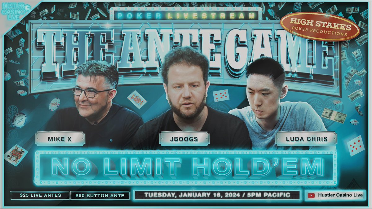 HCLPokerShow's tweet image. TONIGHT!! THE ANTE GAME!!

Luda Chris
JBoogs
@MikeXpoker
@daloveman
@johnny072900 
@NickVertucciNV
Big John
Dr. H
@EliStrickland88 

Commentary by @DGAFPokerPlayer 

Watch it here: youtube.com/live/Uad6isOri…
