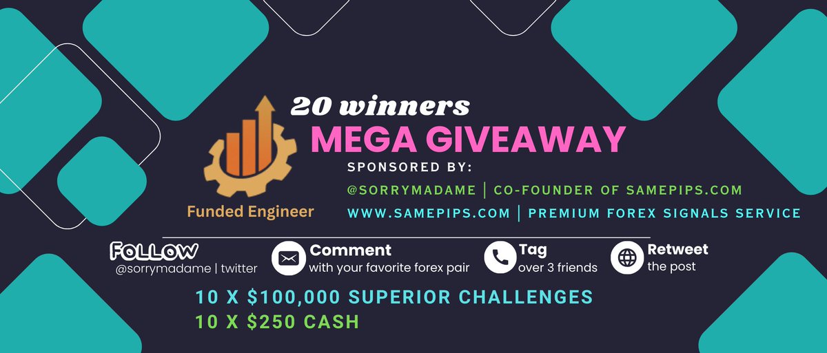 To celebrate my recent $25,000 payout with Funded Engineer @fundedengineer, I'm hosting a Mega Giveaway for the trading community!

🎁 10 x $100,000 Superior Challenges
💵 10 x $250

To have a chance to be one of the 20 winners, you need to:

- Follow <a href="/sorrymadame/">Sasha</a> on twitter
-