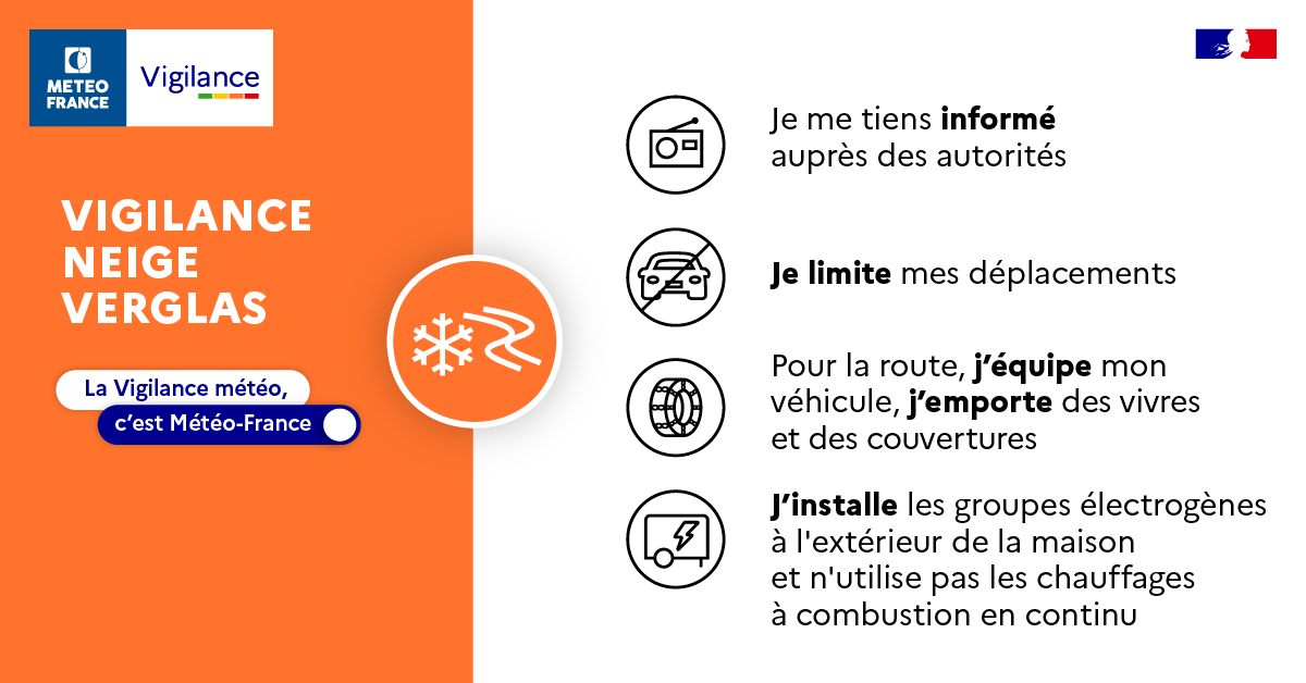 meteofrance's tweet photo. ❄️#Neige #Verglas 
Dès ce mardi 16/01 au soir et jusqu'au jeudi 18/01 : 
Pluies verglaçantes notables et chutes de neige localement marquées.
👉https://t.co/Ejfw10EG4q

⚠️ 🟠 Sur les départements en #Vigilanceorange
🚗Limitez autant que possible vos déplacements.

Nos conseils🔽 https://t.co/0qPRa0i9e2