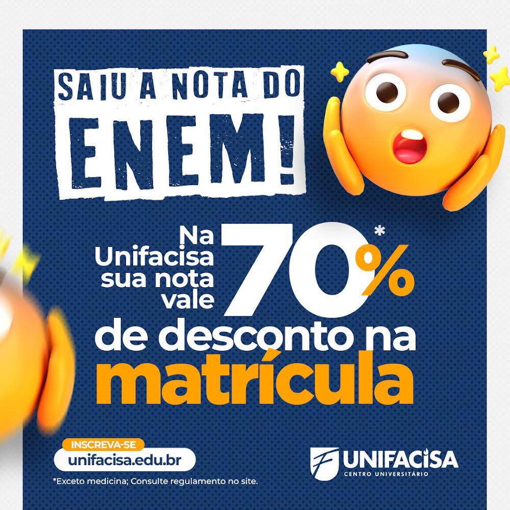 Resultado do ENEM tá on! Traga sua nota do Enem para a Unifacisa e ganhe 70%* de desconto na matrícula. ✨💙🗣️📚👀 

*Exceto medicina; Confira condições.

unifacisa.edu.br/calculadora-en…