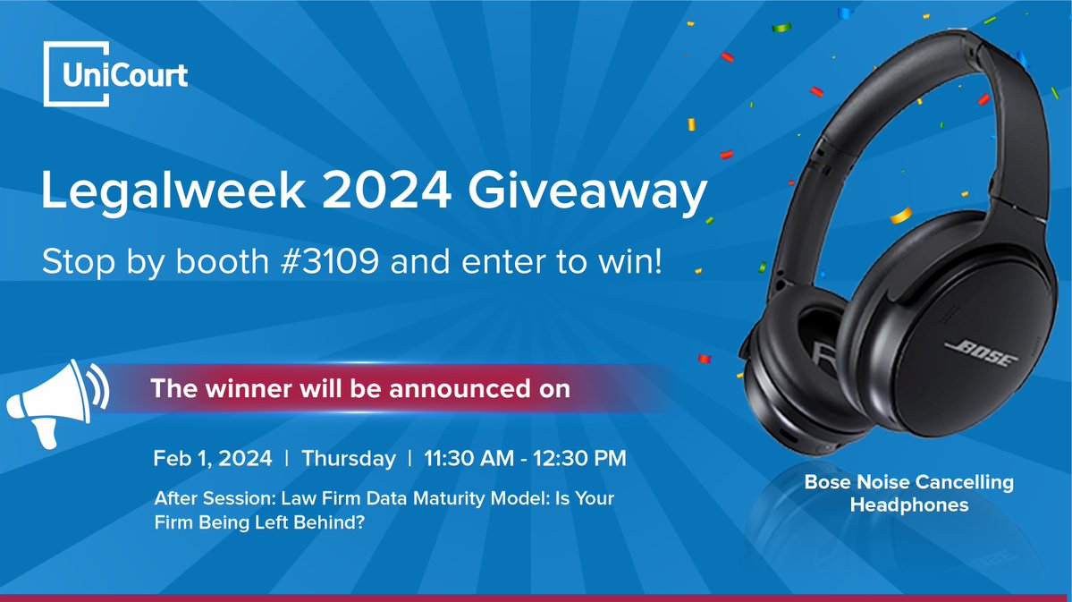 Are you flying ✈️ into New York for #LEGALWEEK2024? How about flying back in a bit more style? @UniCourtInc is giving away a pair of Bose noise-cancelling headphones 🎧 at the conference. Entry is simple. Stop by our booth, #3109, in America’s Hall 2. Drop off your business…