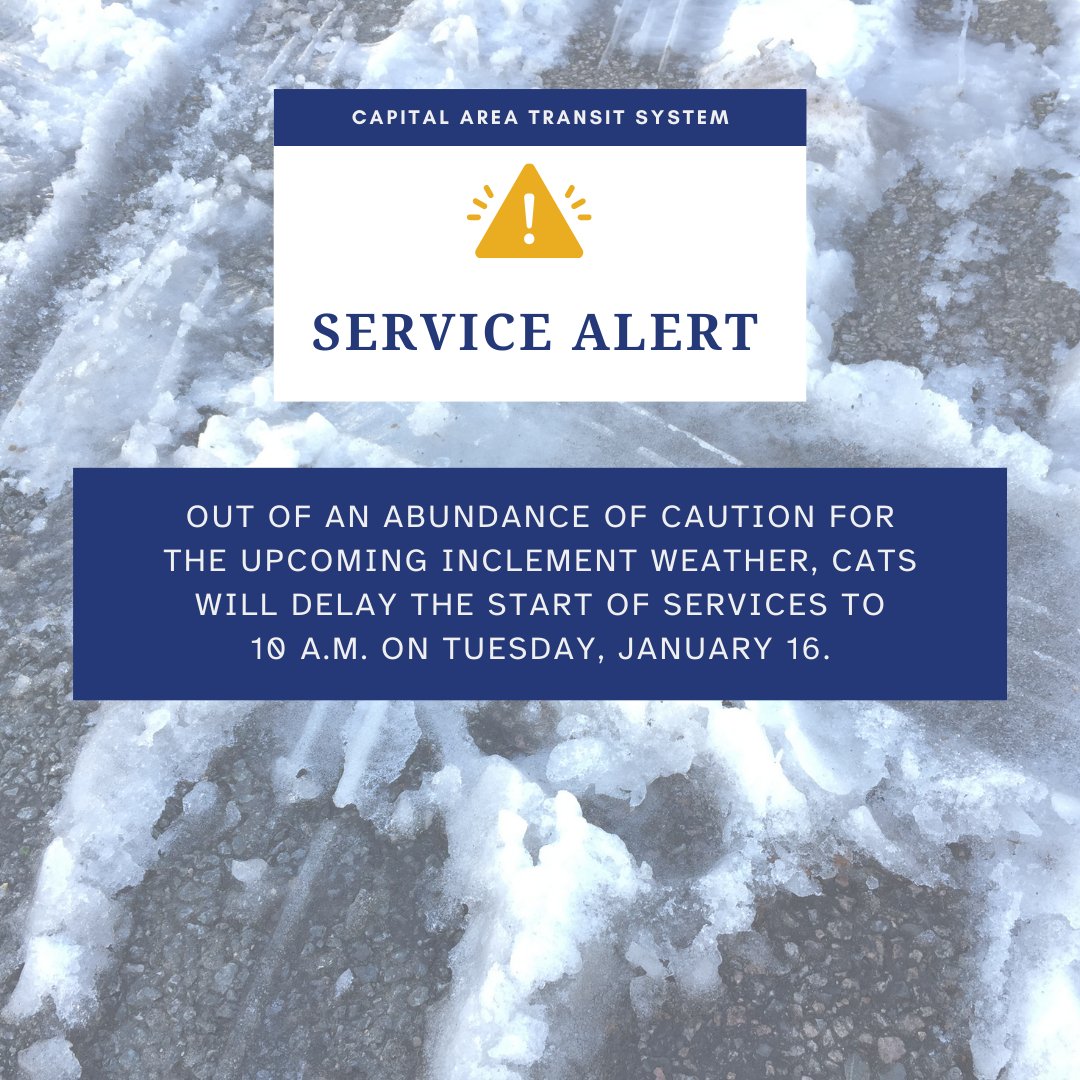 CATS Bus Service and LYNX Microtransit Service Weather Delays
CATS has delayed todays start time for bus and mictrotransit services until 10:00 AM due to hazardous road conditions resulting from winter weather.

Updates will be provided as they become available.