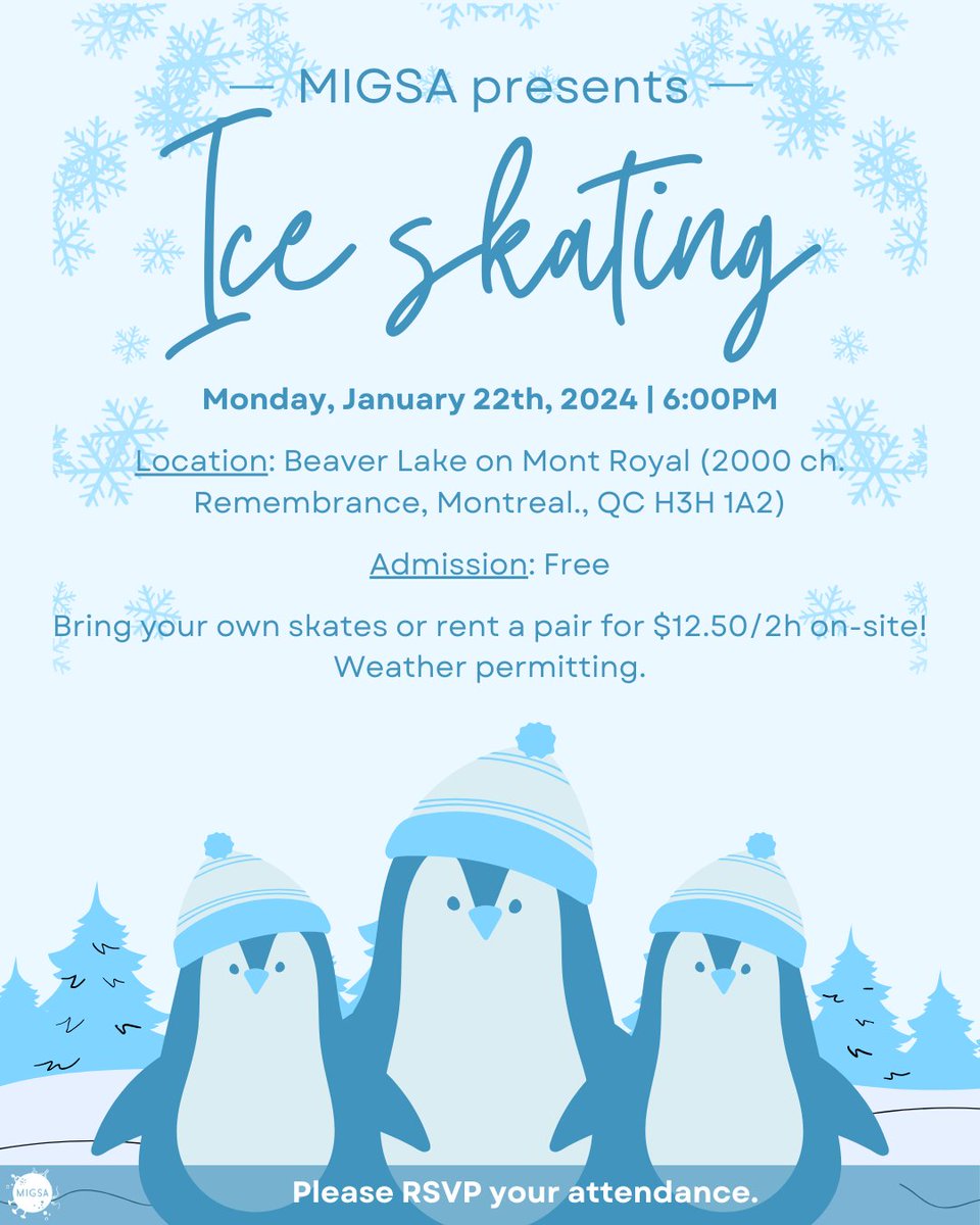 Hey grad students! Come join us at our ice skating event on January 22 at 6 p.m. at Beaver Lake! Admission is free, skate rental is $12.50/2 hours Click the link to register: forms.gle/6am3tapa8kWMVS…
