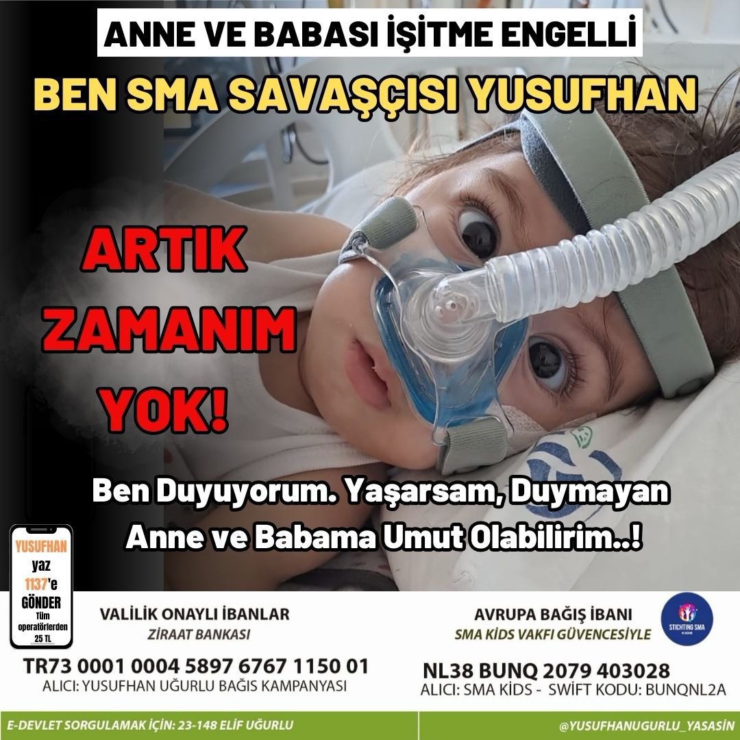 Merhaba dostlar:

Bu gün anne babası işitme engelli olan SMA hastası @yusufhanaumutol bebek için elimiz taşın altına koyalım. 

İşitme engelli olan anne ve babasının gözü, kulağı, dili olalım. 

Tüm operatörlerden 

☎️ YUSUFHAN yaz 1️⃣1️⃣3️⃣7️⃣ ye göndererek 25 TL bağışlayabiliriz.…