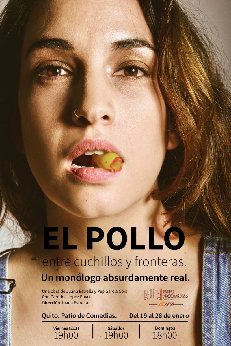 juanaguarderas's tweet photo. 🎭 ¡Descubre "El Pollo entre Cuchillos y Fronteras"! 🎭
✨ ¡Una obra que desafía las fronteras de la realidad y nos invita a reflexionar sobre las noticias que normalizamos en nuestras vidas! ✨
Del 19 al 28 enero ⁦@PatiodeComedias⁩ Más información y Preventas: 0967927294 https://t.co/OzjS87tNAn
