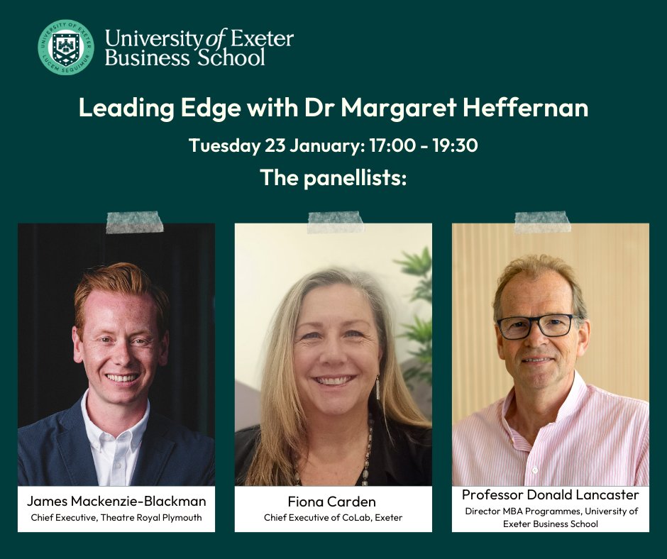 UofEBusiness's tweet image. Join Dr Margaret Heffernan as she shares why she believes today&apos;s CEOs need to wake up to the climate emergency with panellists James Mackenzie-Blackman, Prof Donald Lancaster and Fiona Carden.

🗓️ Tue 23 Jan
⏰ 5-7.30pm
📍 @uniofexeter
👉 Book your place: eventbrite.co.uk/e/dr-margaret-…