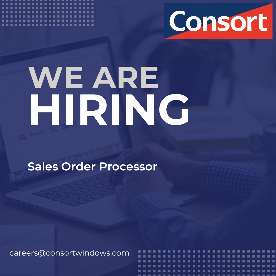 We are hiring!
Sales Order Processor
For more information please click the link below or contact our HR manager careers@consortwindows.com or Head of Commercial Sales bmorgan@consortwindows.com 
Sales Order Processor - Consort (consortwindows.com)