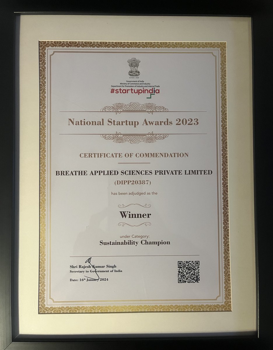 Winner of National Start Up Awards 2023 under the category “Sustainability Champion”. Breathe Applied Sciences provides an effective technological solution for CO2 into methanol . Thanks to the Govt. of India and DPIIT. Happy to receive it from Hon. Minister Shri. Piyush GoyaL😊