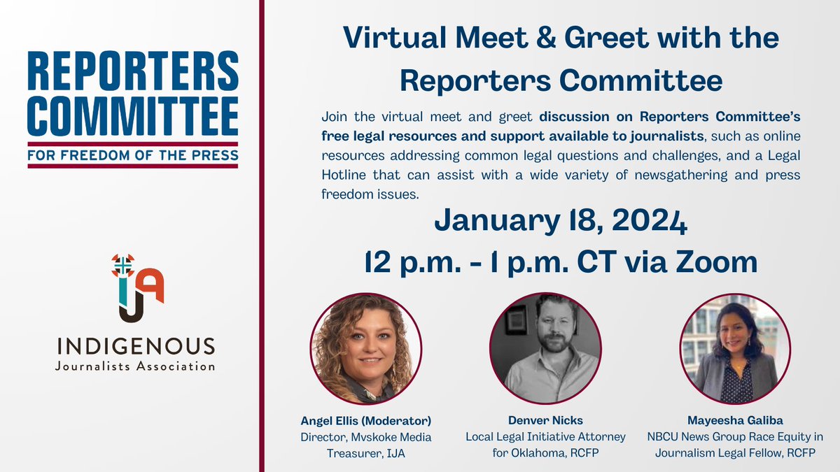 🖥️ @RCFP and @IndigenousJA will lead a series of virtual training sessions. The first training — a meet and greet with the Reporters Committee — will take place via Zoom on Jan. 18 from 12-1 p.m. CT. Register here: tinyurl.com/mtw285e6