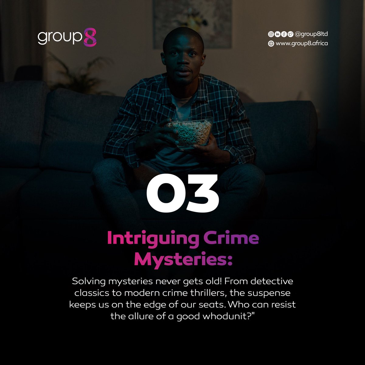 group8LTD's tweet photo. What are some of your favourite timeless TV show genres? 🍿🌟 

#group8 #group8LTD
.
.
#AfricanContentCreator #media #tv #tvshow #entertainment #africa #lifestyle #africanlifestyle #innovation #creativity https://t.co/VxtSbDfZmJ