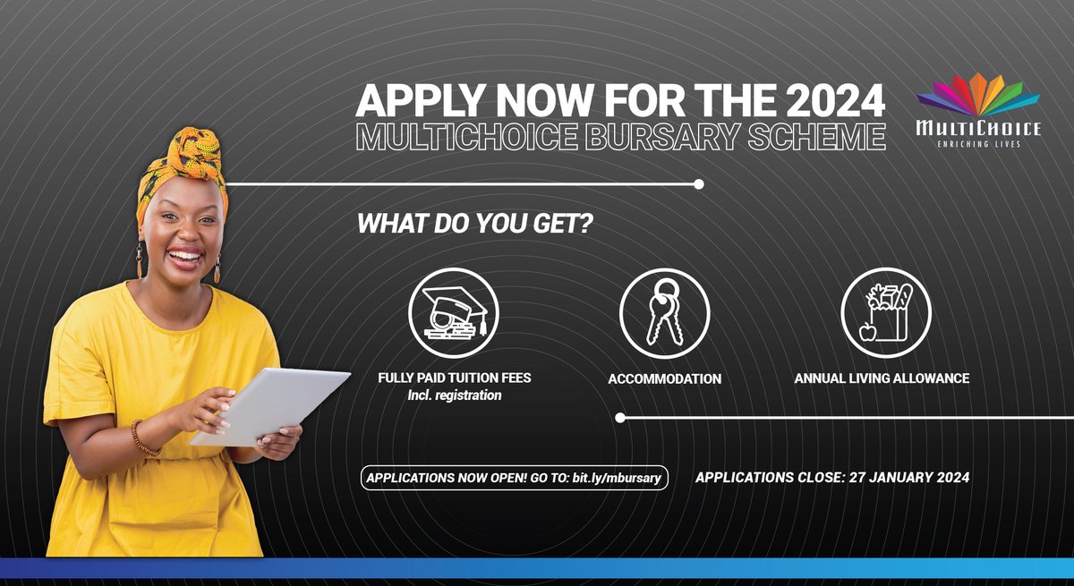 The <a href="/MultiChoice/">MultiChoice</a> Bursary Scheme applications are OPEN y’all! If you never thought that dreams, come true, check this out – a bursary that pays tuition + registration fee, accommodation costs, and more. Check it out and apply today: bit.ly/3H5kTEo