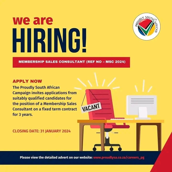 We're on the hunt for an outstanding sales consultant with the Midas touch! If you fit the criteria and are passionate about sealing the deal, you could be joining Proudly SA’s membership department.

Apply for this position by sending your CV to cvs@proudlysa.co.za by 31 Jan