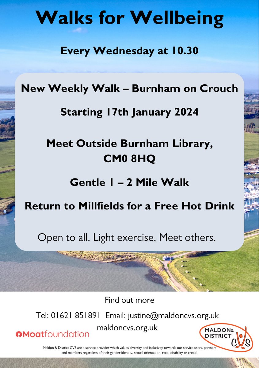 MaldonCVS's tweet image. A new weekly walk is starting tomorrow in #BurnhamonCrouch. These will take place every Wednesday meeting outside Burnham Library at 10.30am. These are gentle walks and are open to all.