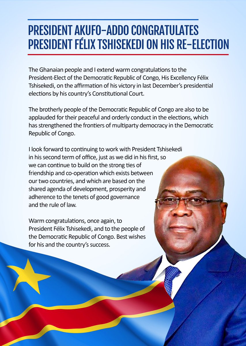 Warm congratulations to President Felix Tshisekedi, and to the people of the Democratic Republic of Congo. Best wishes for his and the country’s success.