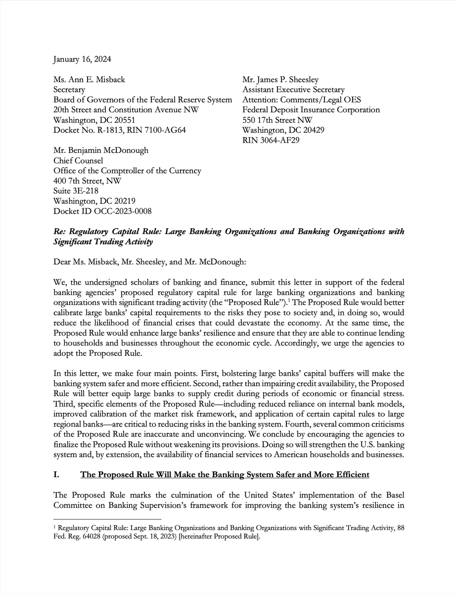 Today I submitted a letter supporting the Basel III Endgame proposal on behalf of 30 banking scholars. 'The rule will strengthen large banks' capital cushions, reduce the likelihood of financial crises & position banks to remain a source of credit throughout the economic cycle.'