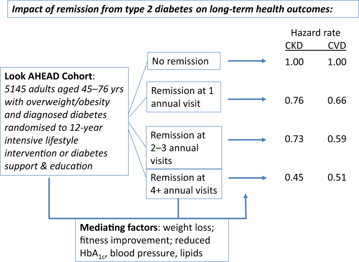 New study is one of first to show people with evidence of any remission of diabetes from weight-loss trial had a 40% lower rate of cardiovascular disease and 33% lower rate of chronic kidney disease tinyurl.com/y6b9u28t