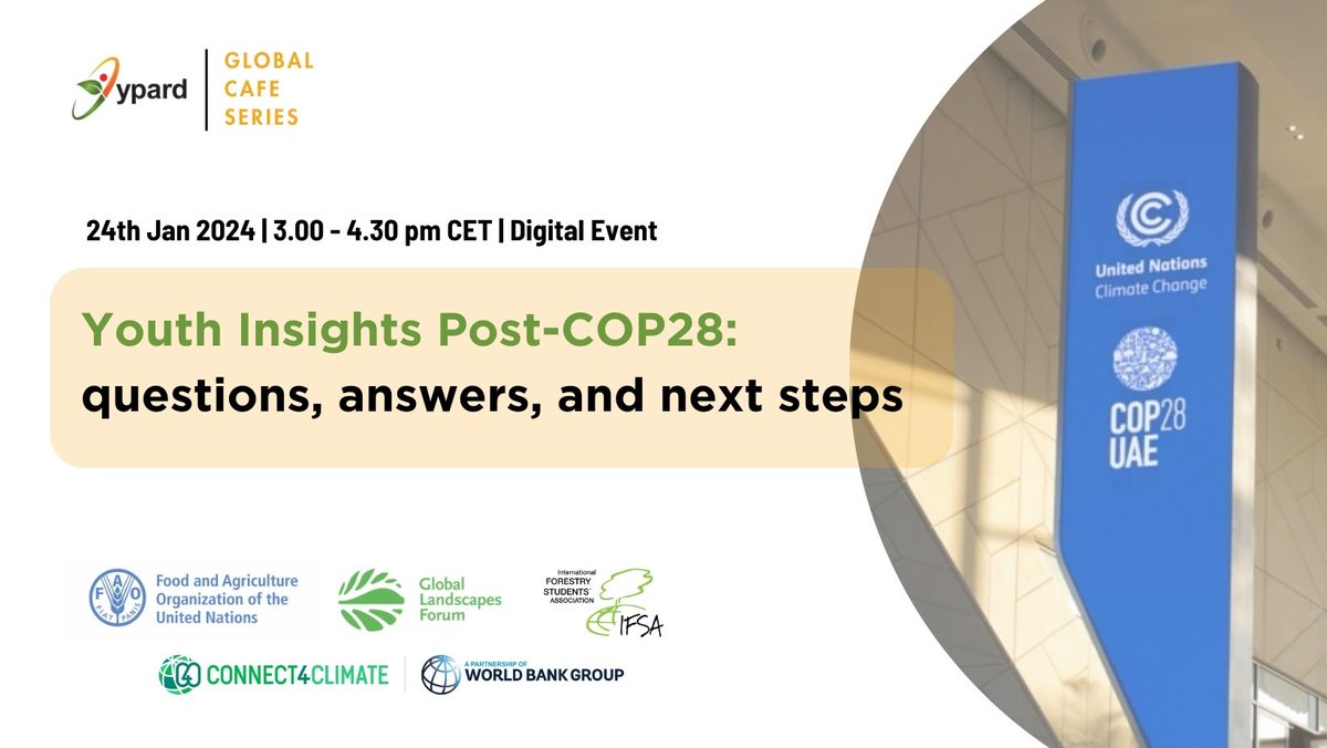 The first online #webinar of our YPARD Global Cafe Series takes place next week! Titled, 'Youth Insights Post-COP28: questions, answers, and next steps', in collaboration with @FAO, @Connect4Climate, @IFSAdotnet, and @GlobalLF. Register: lnkd.in/eqr7Wzrf