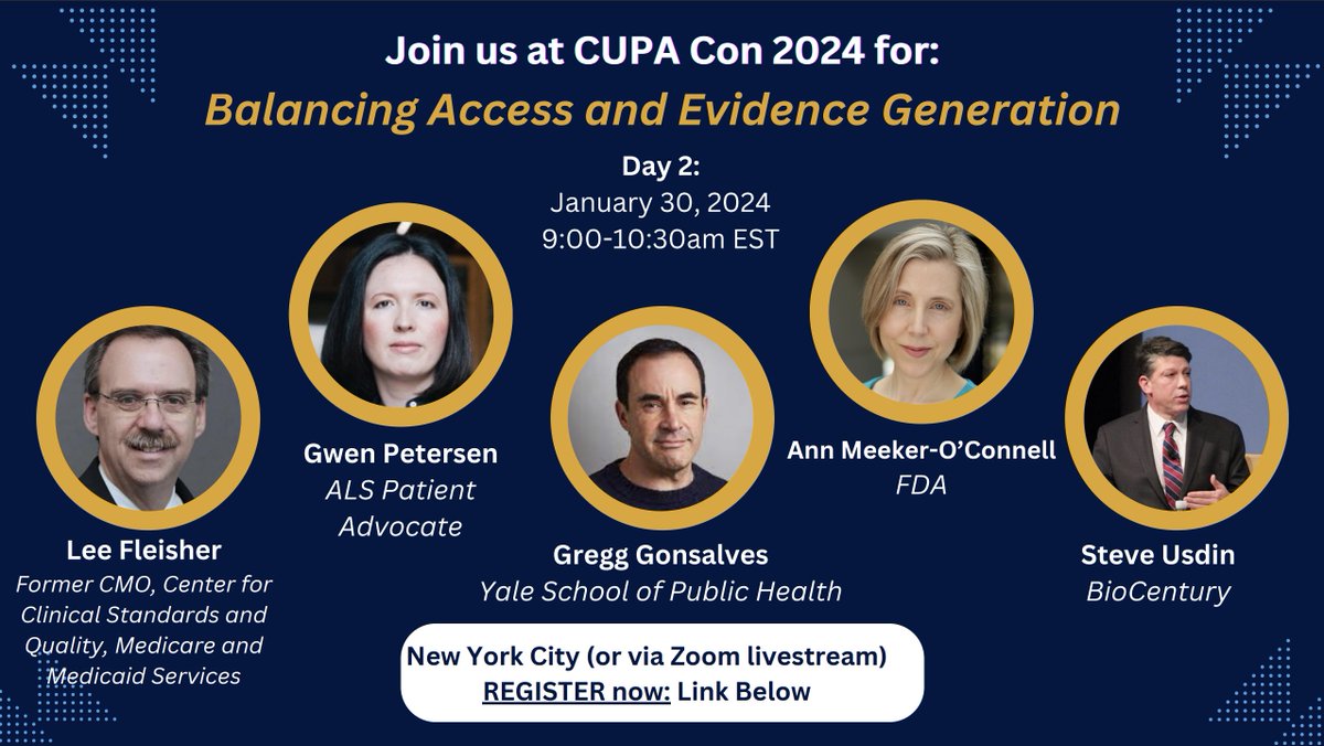 🚨#CUPACon24 session spotlight🚨 Join us on day 2 (1/30) to hear from Lee Fleisher, @gwenpetersen7 @gregggonsalves, Ann Meeker-O'Connell, and @steveusdin1 as they discuss the tension between #patientaccess and #evidence generation
Register here: CUPACON2024.eventbrite.com