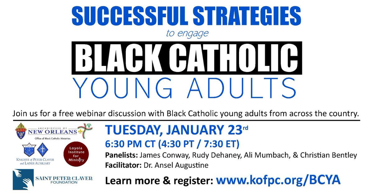 BlkCathlicMsngr's tweet photo. Following a national convening in New Orleans, Black Catholic young adults are hosting a webinar to engage in dialogue on how to best minister to the rapidly disaffiliating demographic.

Panelists from Maryland, D.C., and Virginia will lead the event. https://t.co/d2n7WN5UwW https://t.co/ztMoHP5WLF