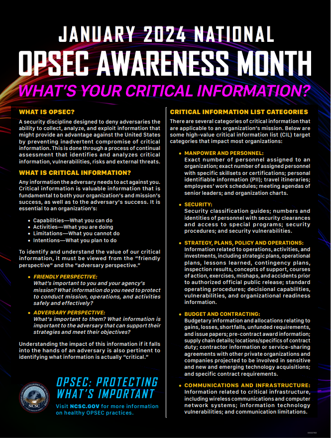 January is National #OPSEC Awareness Month. All organizations should assess and protect public and private data that could expose vulnerabilities.  Do you know how to protect yourself or your organization? #ThinkOPSEC. See: dni.gov/files/NCSC/doc…