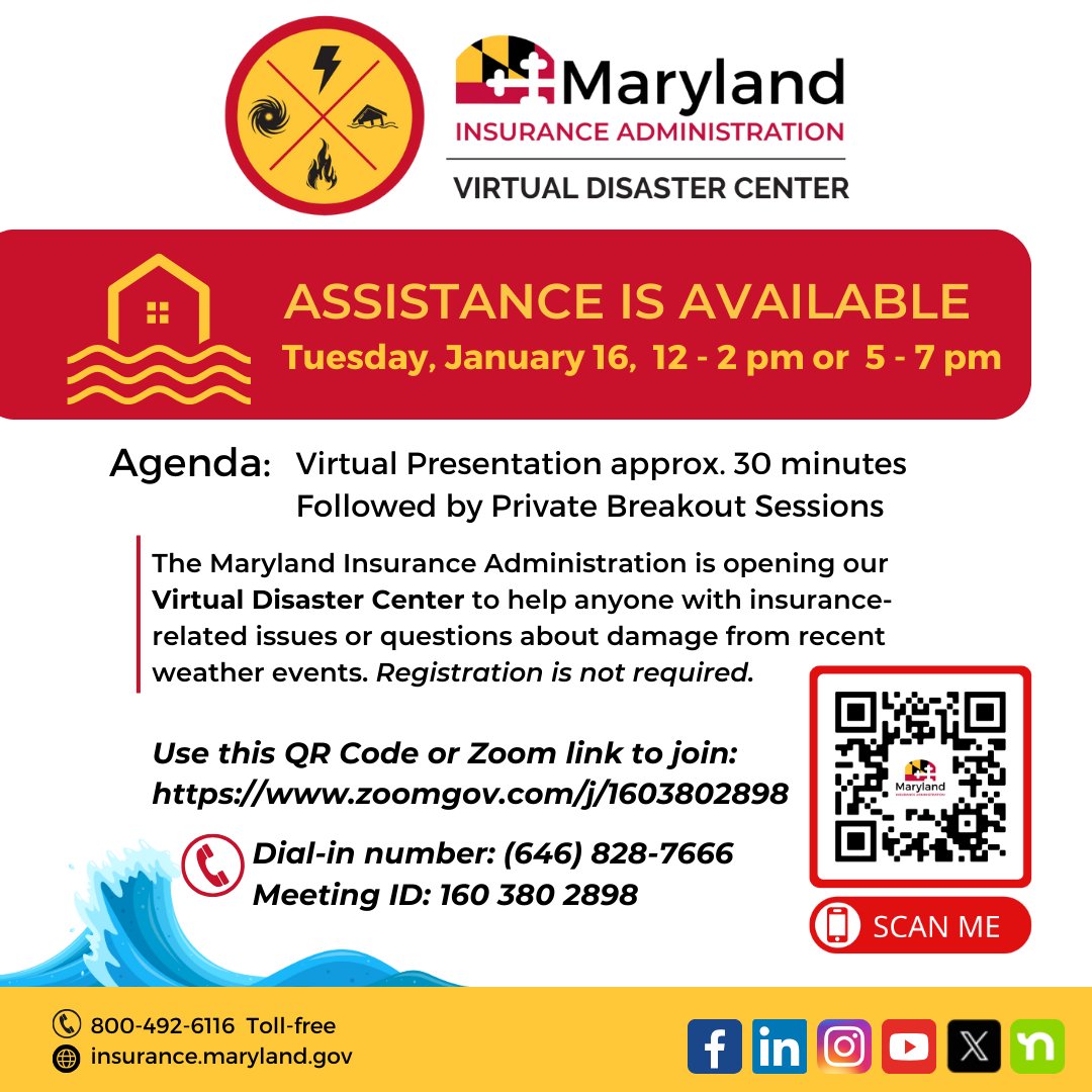 Maryland Insurance (@md_insurance) on Twitter photo The <a href="/MD_Insurance/">Maryland Insurance</a> is hosting a Virtual Disaster Center Jan 16th from 12-2 PM or 5-7 PM, to answer your questions in a general session and in private breakout rooms. Join us on Zoom: zoomgov.com/j/1603802898 or Dial-in: (646) 828-7666 ID: 160 380 2898 Read: insurance.maryland.gov/Consumer/Docum… The <a href="/MD_Insurance/">Maryland Insurance</a> is hosting a Virtual Disaster Center Jan 16th from 12-2 PM or 5-7 PM, to answer your questions in a general session and in private breakout rooms. Join us on Zoom: zoomgov.com/j/1603802898 or Dial-in: (646) 828-7666 ID: 160 380 2898 Read: insurance.maryland.gov/Consumer/Docum…
