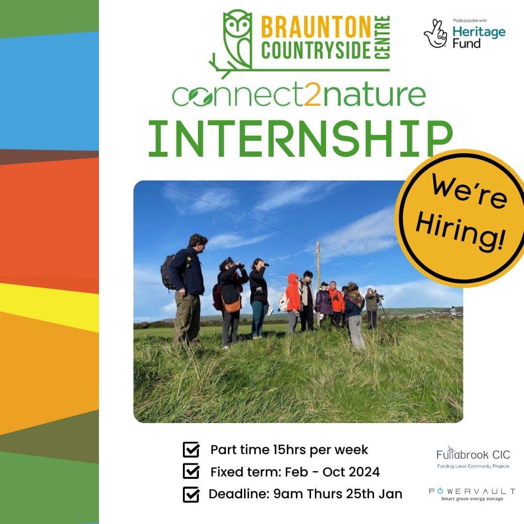 Exciting News! 

We are looking for an intern to help us with the second year of our Connect2Nature project. This is a fixed-term part time position running from February to October 2024.

More information can be found on our website brauntoncountrysidecentre.org/connect-2-natu…