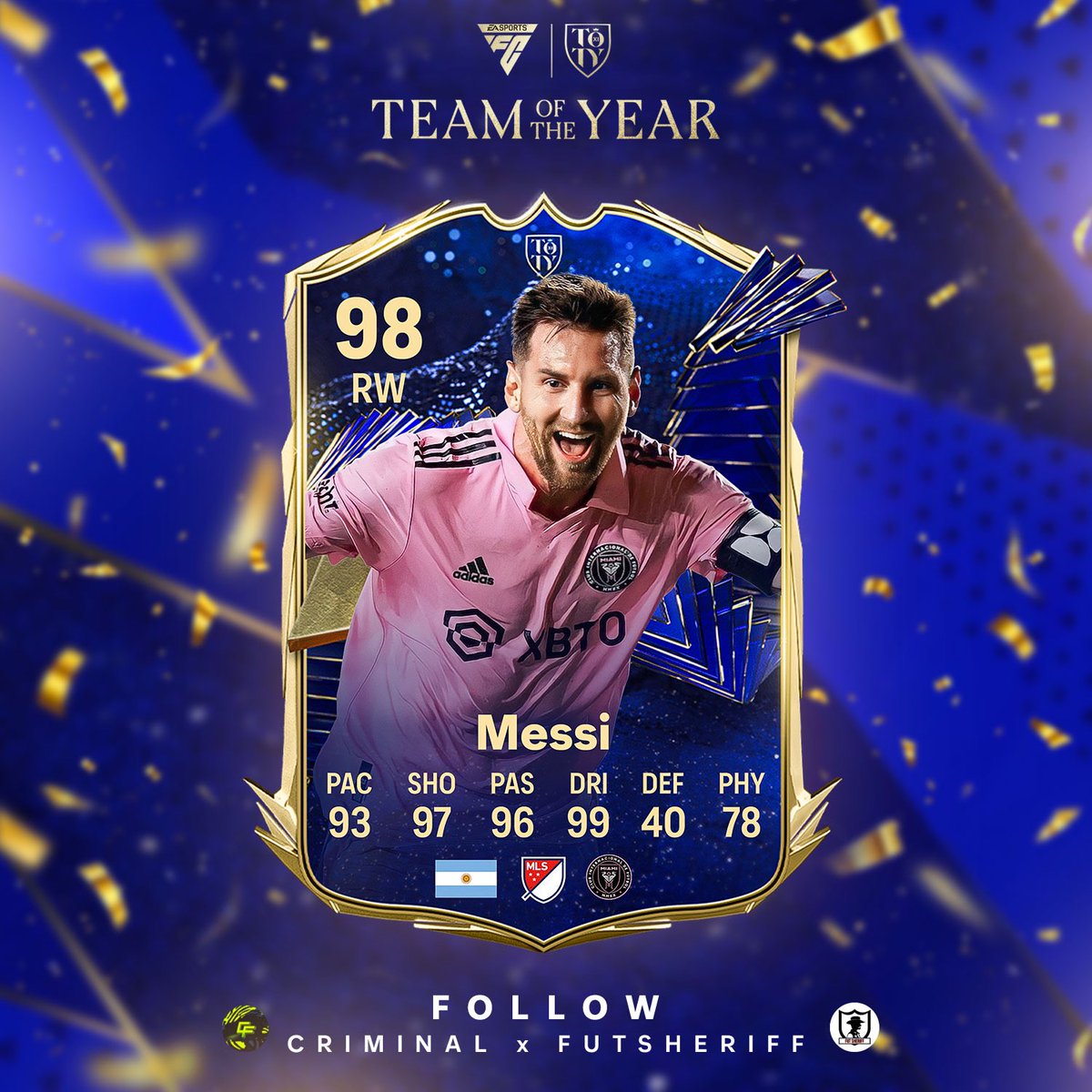 FutSheriff's tweet photo. 🚨 THE GOAT, THE BEST!

Messi is coming as TEAM OF THE YEAR 🔥🔥🔥

Stats are prediction 

Make sure to follow @FutSheriff and @Criminal__x !

#fc24 https://t.co/wybpUoRLgO