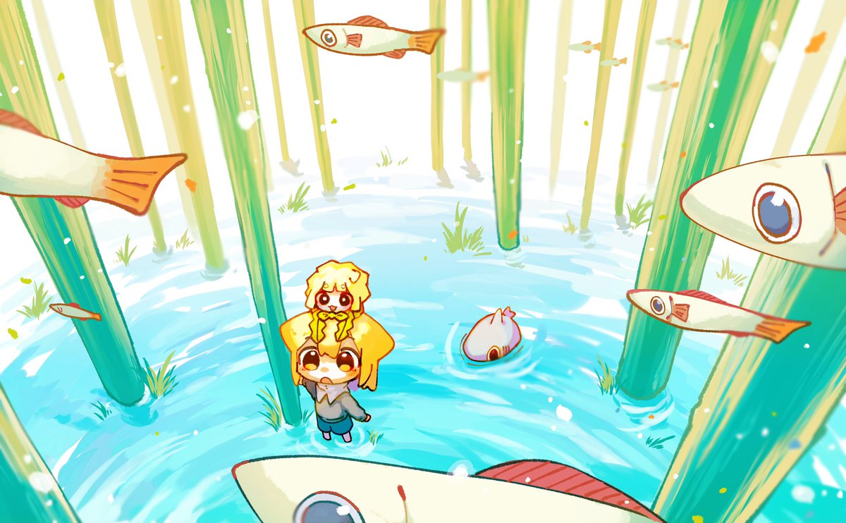 blonde hair bamboo fish nature water multiple girls forest  illustration images