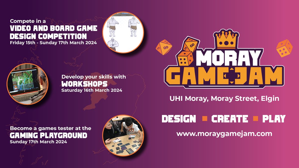 MorayGameJam's tweet photo. Compete in a Video and Board Game Competition, develop your skills with Workshops and become a games tester at a Gaming Playground with Moray Game Jam.

Friday 15th - Sunday 17th March 2024 🎮

Registration is open now: https://t.co/3QFD4nPAbx

#MGJ24 #MorayGameJam https://t.co/QB3rhf0imX