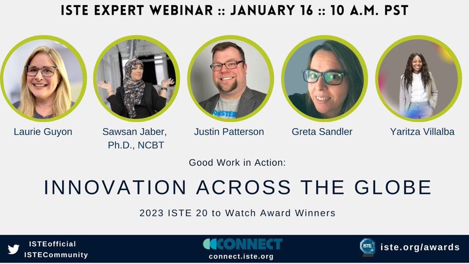 YaritzaV_'s tweet photo. 👋🏾Hey #PLN,
The #ExpertWebinar you’ve been waiting for is here & open to all ‼️
Join @ISTEofficial 20 to Watch Award winners as we share innovative strategies and initiatives that impact global communities!
🔴LIVE: Today🔜 10 AM PT/ 1 PM ET
🔗 https://t.co/EftQ5ZLNBN https://t.co/IKpLy90LWx