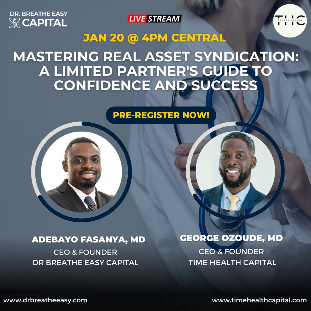 TimeHealthCap's tweet image. Welcome to our webinar, Mastering Real Asset Syndication: A Limited Partner's Guide to Confidence and Success. Join a community of learners and industry experts, as we unravel the secrets of successful syndication investments. Your journey towards investment mastery starts here!