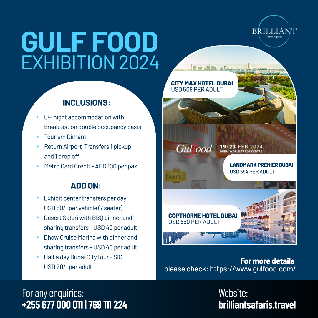 Brillianttrave3's tweet image. Calling all food explorers!
Mark your calendars for #GulfFoodExhibition2024 – the ultimate foodie's paradise.
Call us now through ☎️+255 769 111 224 1 +255 677 000 011  for reservations.

#Gulffood #TravelGoals #Travel #Safaris #Adventure #foods