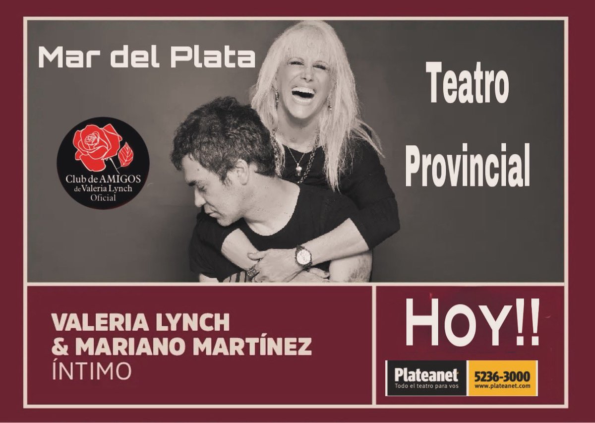 clubdeamigosVL's tweet photo. Es hoy!!!! @valerialynch y @Mariano47207630 esta noche en el Teatro Provincial de Mar del Plata. Entradas en venta @Plateanet #Yateavisamos https://t.co/cpJyMcRj14