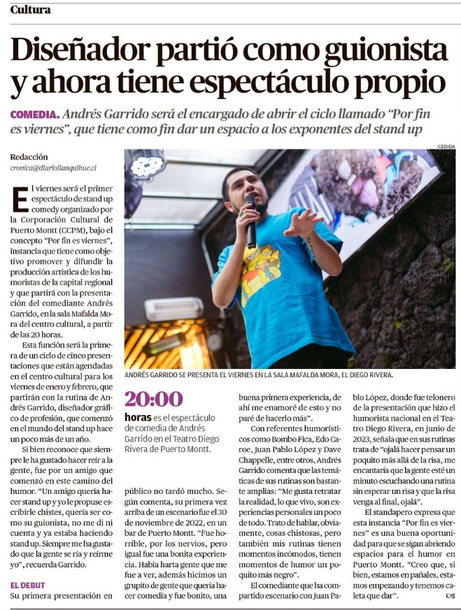 Este viernes 19 Andrés Garrido abrirá el ciclo de presentaciones de standaperos en los #Porfinesviernes que organiza la CCPM.
Te invitamos a apoyar la comedia local este 19 de enero desde las 20:00 hrs. En la sala Mafalda Mora.
