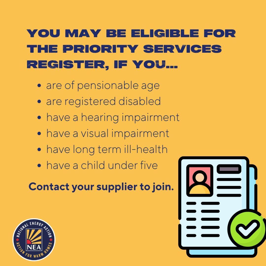 Your energy supplier will have a free Priority Services Register for vulnerable customers. It means that you may be eligible for additional support such as advanced notice of service interruption, priority in a power cut and quarterly meter readings.  #EnergySaversWeek