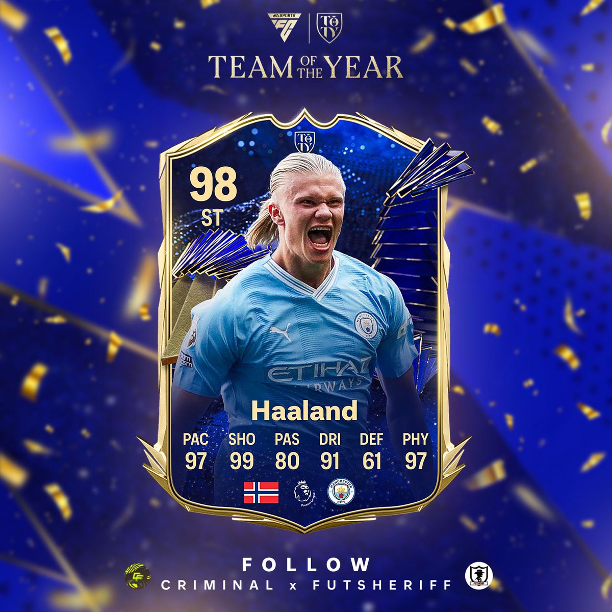 FutSheriff's tweet photo. 🚨Haaland 🇳🇴 is coming as TOTY player soon!🔥

Stats are prediction!

Make sure to follow @FutSheriff &amp; @Criminal__x !

#fc24 https://t.co/iluvZwrzbX