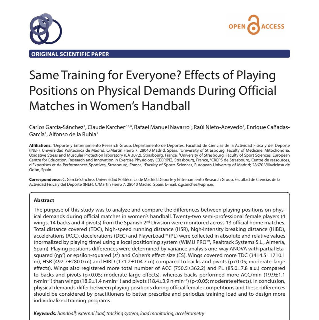 CarlosGarcia_pf's tweet photo. 🚨 My 2º PhD paper has been published 🚨

"Same Training for Everyone? Effects of Playing Positions on Physical Demands During Official Matches in Women’s Handball"

Thanks to the co-authors and the players

🔗 Now available online: https://t.co/Ts2z81kide https://t.co/yja7Gtj3W6
