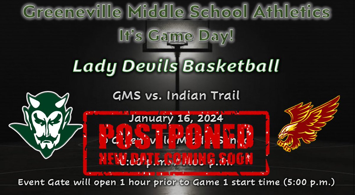 jeremy_simerly's tweet photo. GMS Athletics, Girls' Basketball
Due to low temperatures and icy road conditions, the GMS Lady Devils Basketball game and 8th grade night have been postponed.  
💢 Game / 8th grade night will be Thursday, 01/18 💢
@gms_tn @racheladamstn @CoachMcCall65 @GMS_GBB https://t.co/tiDJbdSeO9