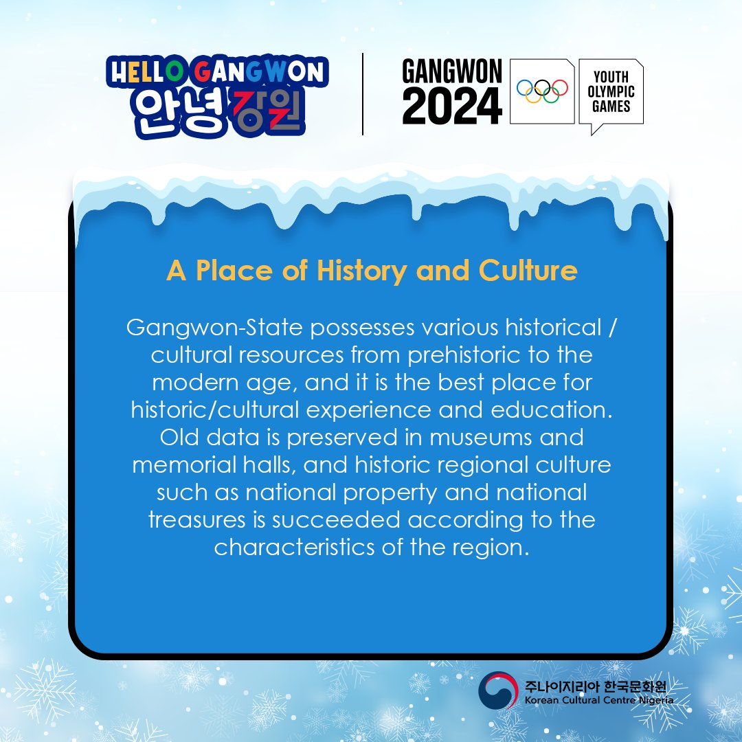 KCCNigeria_'s tweet photo. 🖐Hello Gangwon #안녕강원 Series 2: Gangwon-do
“A place where sunrise and sunset are beautiful and the blue sea and green forest are picturesque”
Swipe to learn about Gangwon, the location of the 2024 Winter Olympics
#Korea #Nigeria #gangwondo #gangwon2024 #winterolympics https://t.co/sr4Dtx1w02