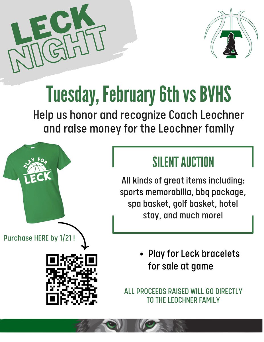 Join us on February 6th as we host BVHS for Leck Night!

Be sure to purchase your shirt for the game prior to 1/21. All proceeds raised will go to the Leochner family. 

bvswden.com/play-for-leck
