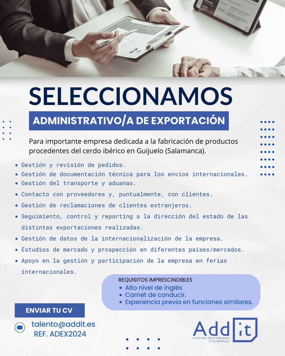 🔵 Nueva oportunidad #laboral !

¡ Queremos conocerte! 

Envíanos 📩 tu CV a talento@addit.es con la Ref. ADEX2024 y entra en el proceso de selección.

#empleo #ofertadeempleo #wearehiring #Ávila #pymes #empresas #almaAddit
