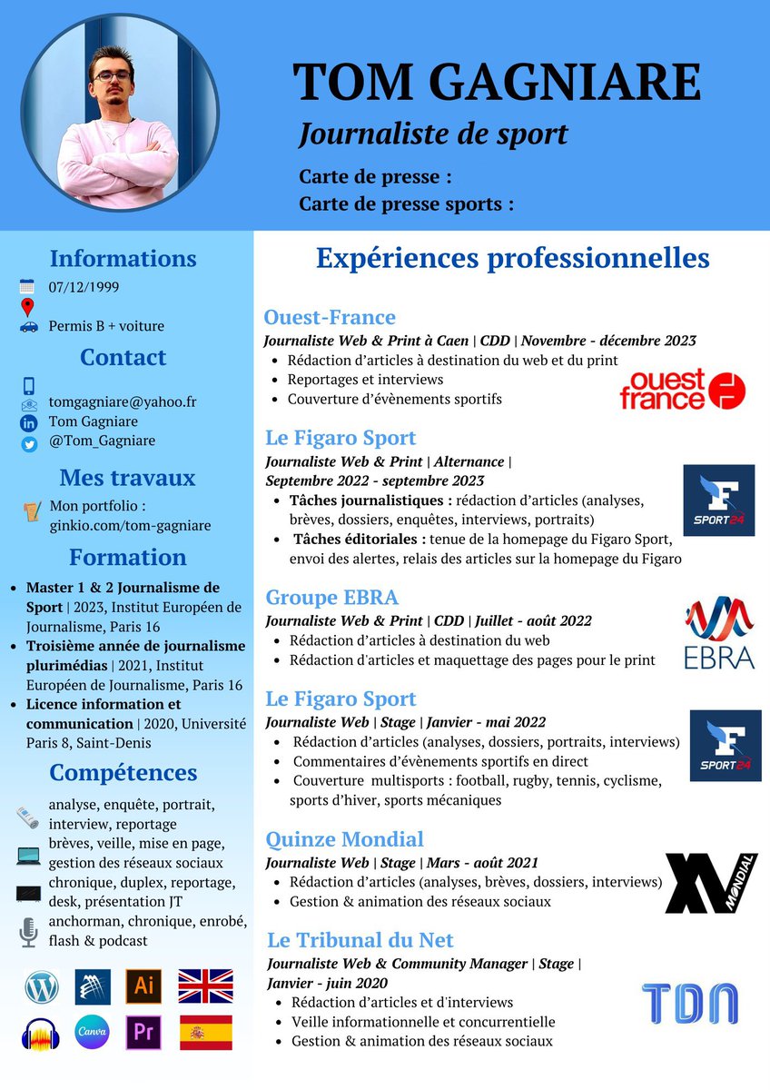 Tom_Gagniare's tweet photo. ➡️ 2024 : nouvelle année, nouvelles résolutions et... nouvelle recherche d'emploi 😅

🔍 Un contrat en presse écrite / web

👆 Sport, actus génés &amp; médias

🗓 Dispo de suite

📍 Mobile sur toute la France

⬇️ Mon portfolio &amp; toutes mes infos

https://t.co/pCum7BTmNn 
#journalisme https://t.co/KRlm2FABqP