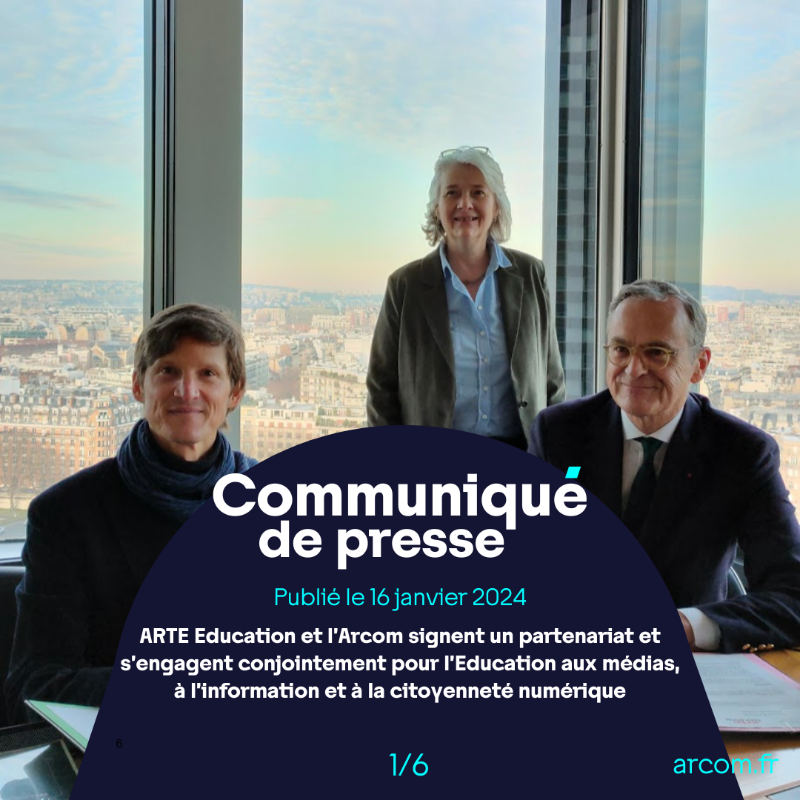 Arcom_fr's tweet photo. 📢 @EducARTEfr et l’@Arcom_fr signent un partenariat et s’engagent conjointement pour l’Éducation aux médias, à l’information et à la citoyenneté numérique 🔽