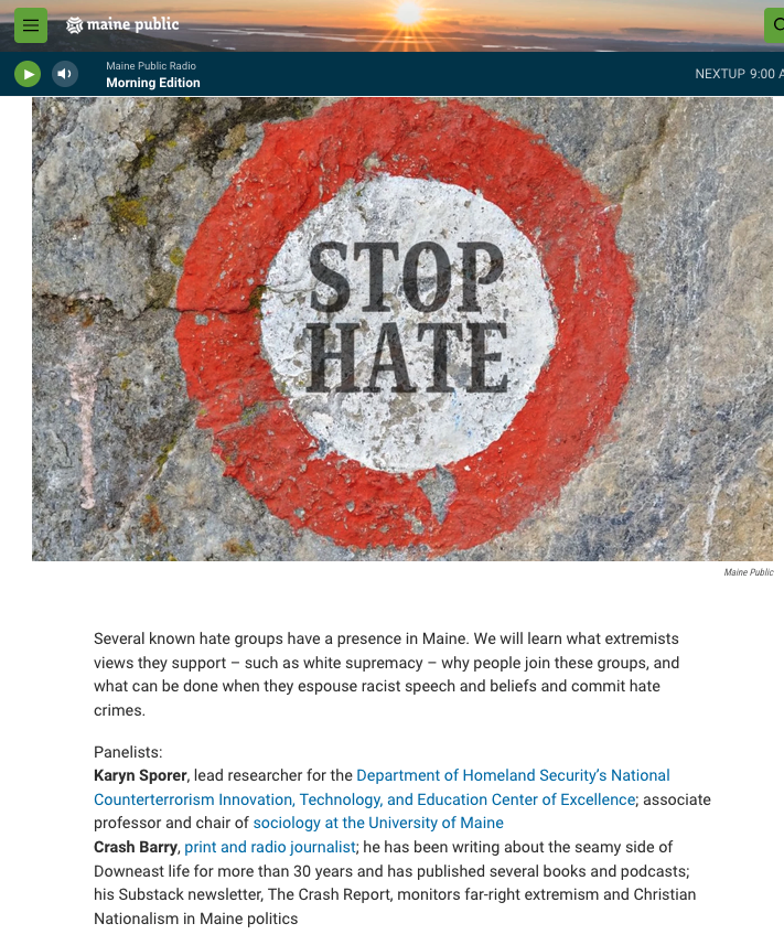 Maine @SSNScholars co-leader @KarynSporer will be on @mainecalling at 11 am today to discuss the rise of extremist hate groups in Maine. Listen live at mainepublic.org