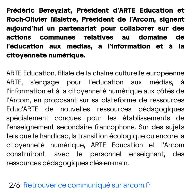 Arcom_fr's tweet photo. 📢 @EducARTEfr et l’@Arcom_fr signent un partenariat et s’engagent conjointement pour l’Éducation aux médias, à l’information et à la citoyenneté numérique 🔽