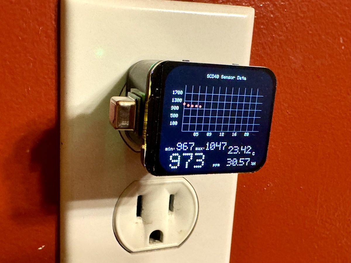 mikerankin's tweet image. This project has gone through quite a few revisions. This one plugs directly onto a usb-c charger making it as tight and clean as possible. The hardware used is an ESP32-S3, 1.69” tft with a resolution of 240x280, ldo and an SCD40 sensor. #arduino #esp32 #altium