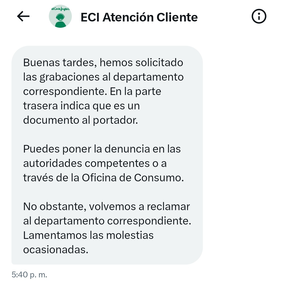 danilatorre91's tweet photo. Así hace dinero @elcorteingles... 
Cuando tienes una incidencia, lejos de solucionarla (aun con propuestas que ellos mismos te hacen...) te animan a que les denuncies sin dar la solución, ¿verdad @elcorteinglesac? https://t.co/4PZAXxZIIi