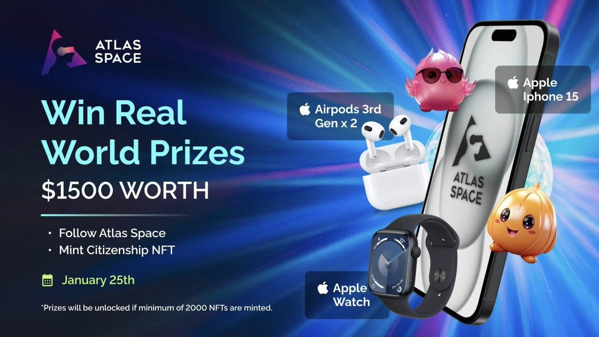 🚀 Prepare for liftoff! The Atlas Space Citizen NFT minting begins TOMORROW, January 17th. 📅  <a href="/atlasspacer/">Atlas Space</a>

Get ready to snag exclusive NFTs and a chance to win an iPhone 15, Apple Watch, or Airpods on Taskon! 

🎁 Mint yours now: atlas.space 

#NFT