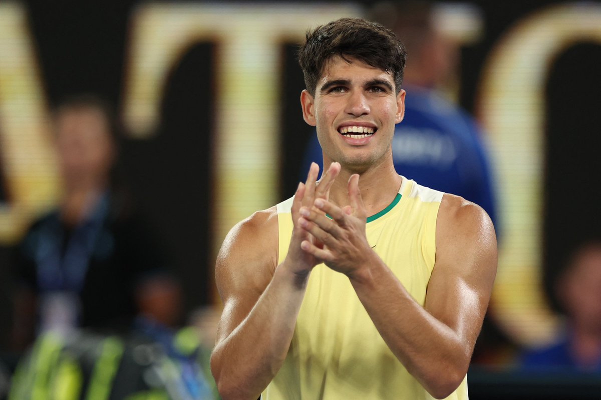 carlosalcaraz's tweet photo. Good start! 💥 Very happy! Amazing atmosphere tonight in the Rod Laver Arena! ❤️ Thank you! @AustralianOpen 

📸 Getty https://t.co/fm2faj8XG2